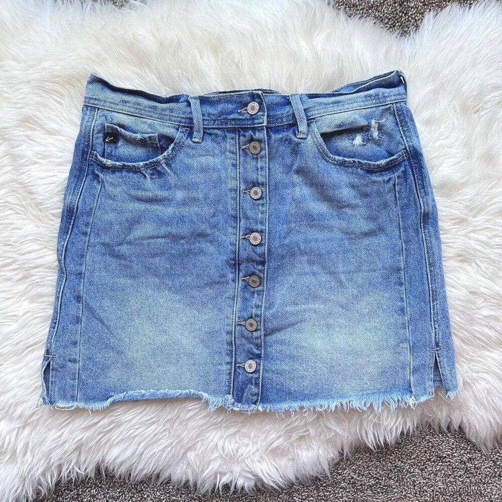 Kancan button down medium blue distressed denim mini skirt